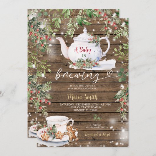 木材素朴ベビーがクリスマスティーパーティーを醸造している 招待状 (正面/裏面)
