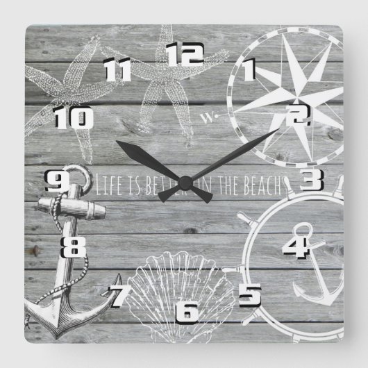 木材素朴ヴィンテージの航海のテーマ寿命が向上 スクエア壁時計 (正面)