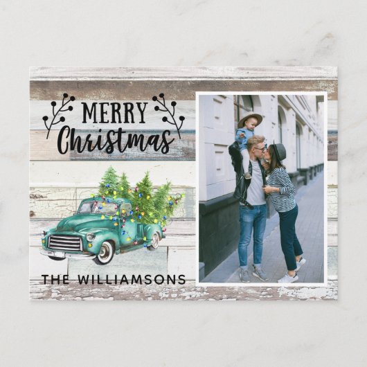 木材素朴ヴィンテージトラックスクリプトクリスマスフォト シーズンポストカード (正面)