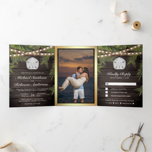 木材素朴熱帯性パームリーフサンドド結婚ル 三つ折り招待状 (内部)