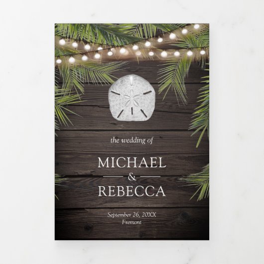 木材素朴熱帯性パームリーフサンドド結婚ル 三つ折り招待状 (カバー)