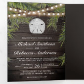 木材素朴熱帯性パームリーフサンドド結婚ル 三つ折り招待状 (内部最初)