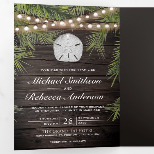 木材素朴熱帯性パームリーフサンドド結婚ル 三つ折り招待状 (内部最初)