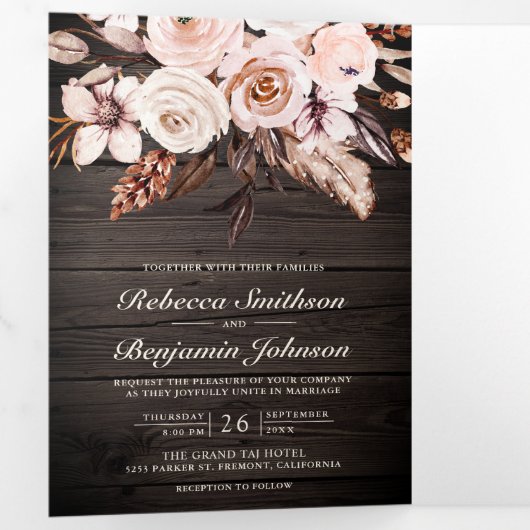 木材素朴自然アイボリーフローラQRコー結婚ド 三つ折り招待状 (内部最初)