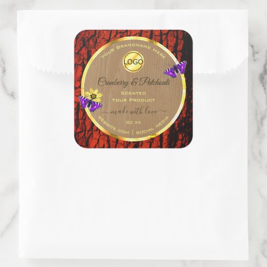 木材素朴製品ラベル紫蝶ロゴ スクエアシール (バッグ)