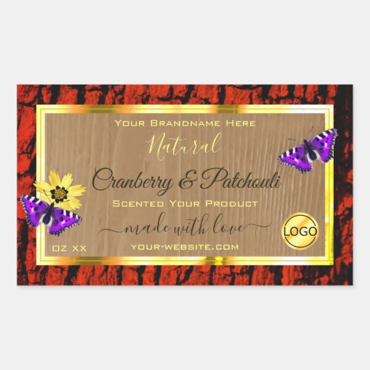 木材素朴製品ラベル紫蝶ロゴ 長方形シール (正面)