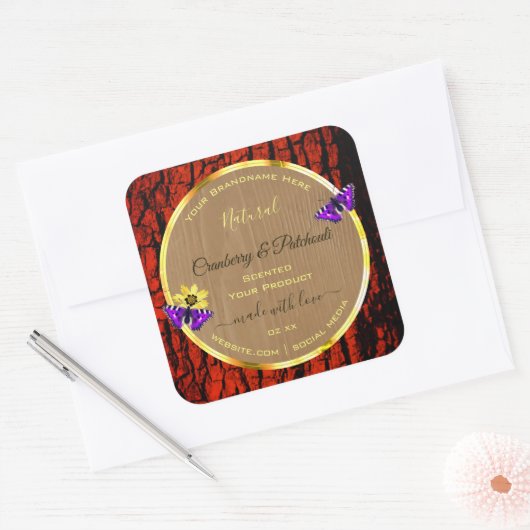 木材素朴製品ラベル紫蝶金ゴールド スクエアシール (封筒)