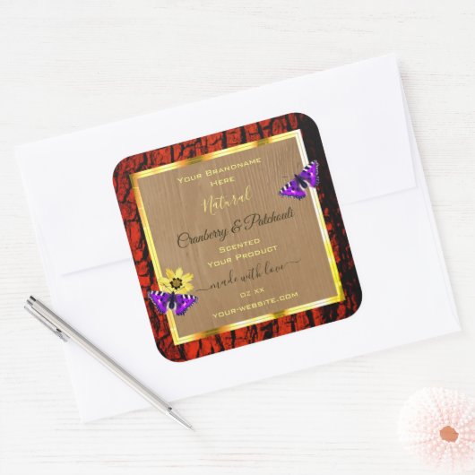 木材素朴製品ラベル紫蝶金ゴールド スクエアシール (封筒)