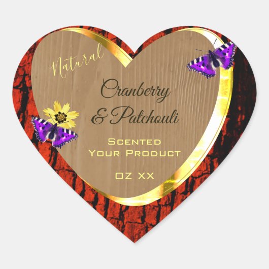 木材素朴製品ラベル紫蝶金ゴールド ハートシール (正面)