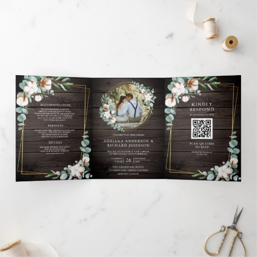 木材素朴金ゴールドユーカリQRコード結婚ズ 三つ折り招待状 (内部)