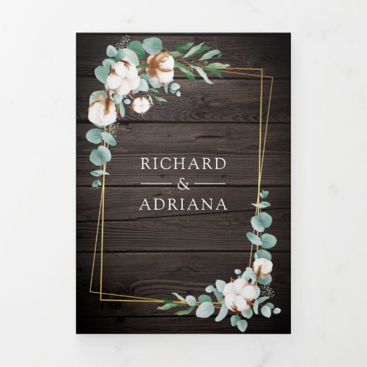 木材素朴金ゴールドユーカリQRコード結婚ズ 三つ折り招待状 (カバー)