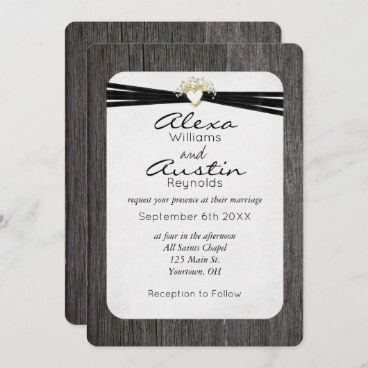 木材結婚上の金ゴールドハートのリボン 招待状 (正面/裏面)