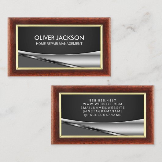 木材縁ど |金属の背景 名刺 (正面/裏面)