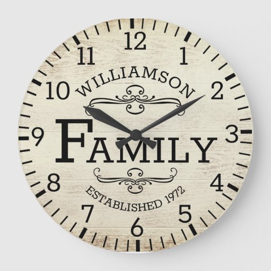 木材記念日素朴ヴィンテージファミリ名カスタム ラージ壁時計 (正面)