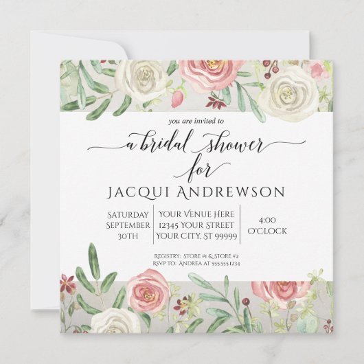 木材赤面アイボリー素朴バラフローラブライダルシャワー 招待状 (正面)