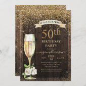 木材金ゴールド素朴フローラサプライズ50誕生日 招待状 (正面/裏面)