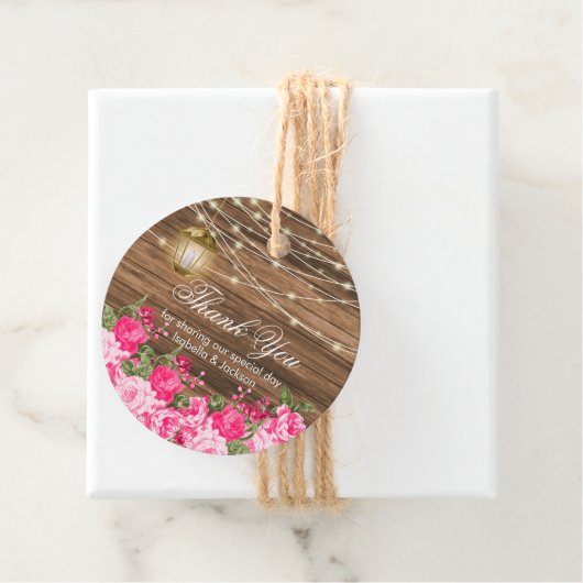 木材、ランタンかわいらしとピンクの花 – ありがとう フェイバータグ (インサイチュ)