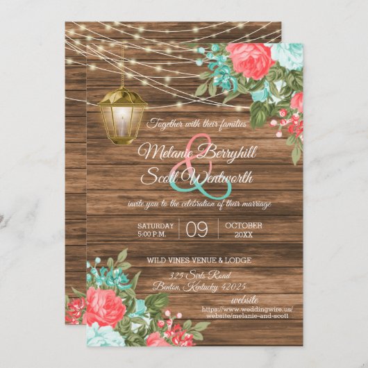 木材、ランタンとティール(緑がかった色)、コーラルフラワー結婚ズインビ 招待状 (正面/裏面)