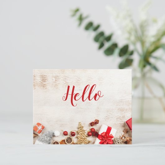 木板のクリスマスアイテ素朴ムこんにちは ポストカード (スタンド正面)