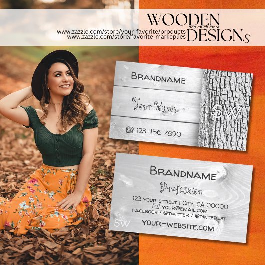 木板の白い素朴樹皮とモノグラム 名刺