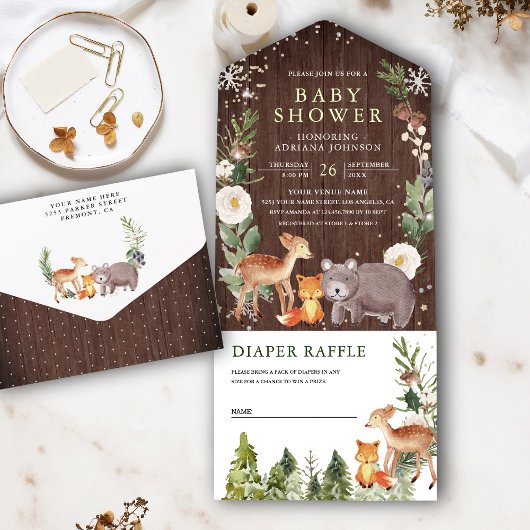 木林素朴動物ウッドランドベビーシャワー オールインワン招待状