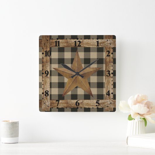 木枠と星 スクエア壁時計 (ホーム)