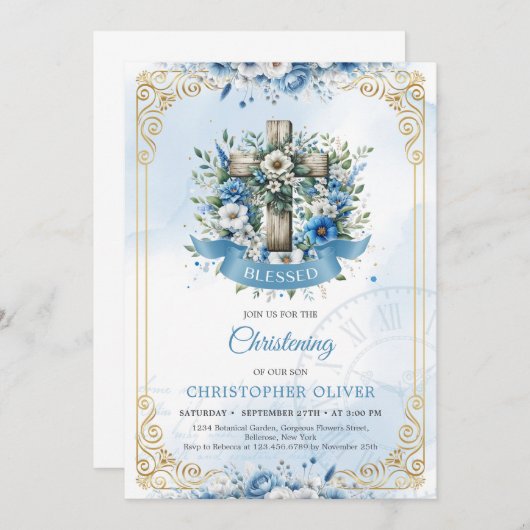 木枠素朴クロスブルー花金ゴールド 招待状 (正面/裏面)