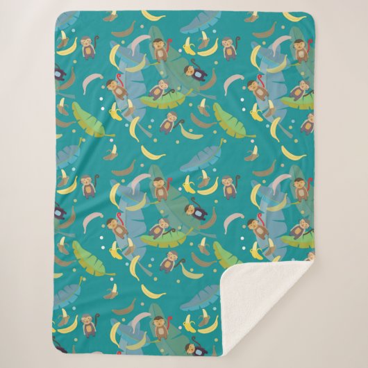木柄のかわいいサルとバナナ シェルパブランケット (正面)