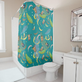 木柄のかわいいサルとバナナ シャワーカーテン