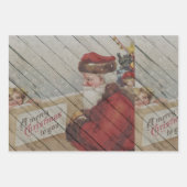 木柄のヴィンテージクリスマスサンタアート ラッピングペーパーシート (正面2)