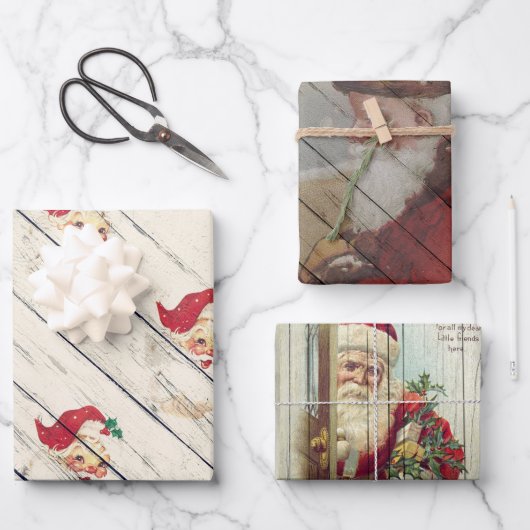 木柄のヴィンテージクリスマスサンタアート ラッピングペーパーシート (正面)