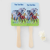 木柵のそばで草を食べる母馬と子馬 ハンドファン (正面&裏面)