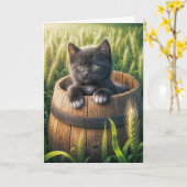 木樽の可愛い子猫 カード (黄色い花)