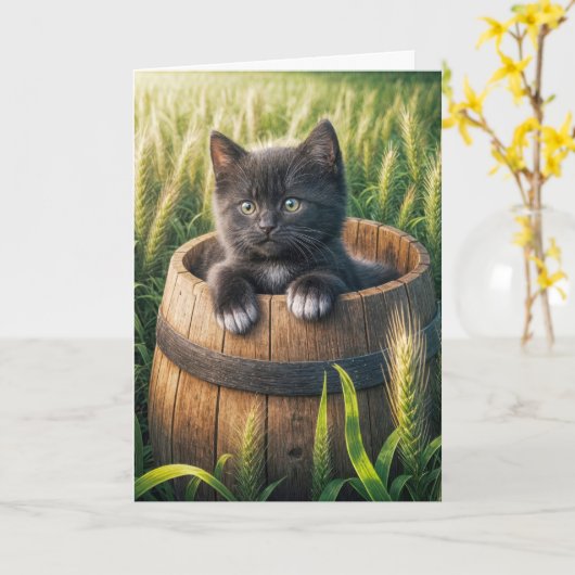 木樽の可愛い子猫 カード (黄色い花)