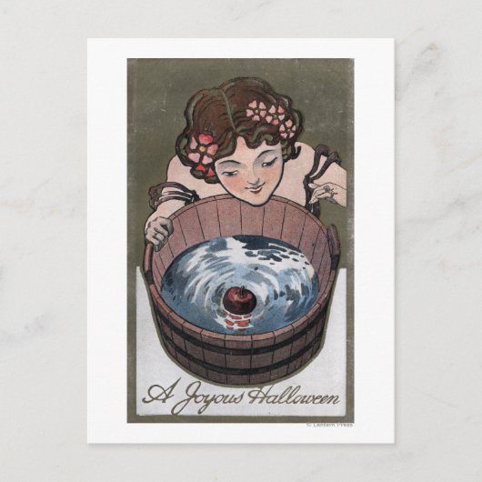 木樽を覗く女性 ポストカード (正面)