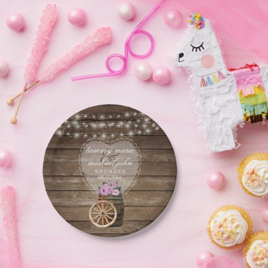 木樽素朴と結婚ピンクの花 ペーパープレート (パーティー)