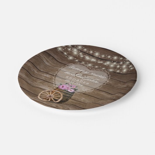 木樽素朴と結婚ピンクの花 ペーパープレート (アングル)