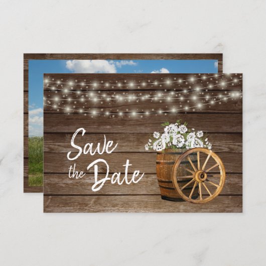 木樽素朴白い花 – 日付を保存 セーブザデート (正面/裏面)