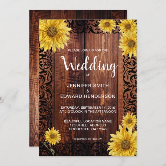 木水素朴色ひまわりヴィンフラワー結婚式 招待状 (正面/裏面)