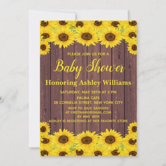 木水素朴色ひまわり可愛い赤ちゃんシャワー 招待状 (正面)