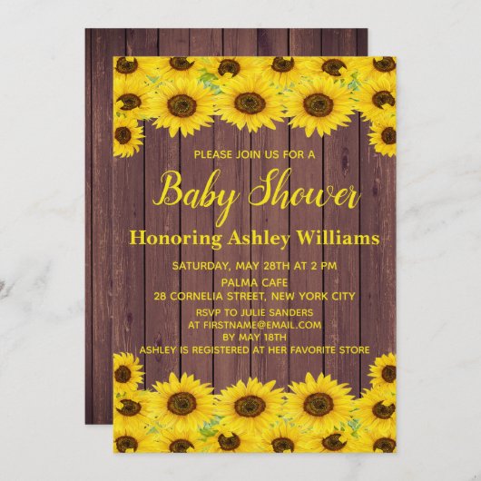 木水素朴色ひまわり可愛い赤ちゃんシャワー 招待状 (正面/裏面)