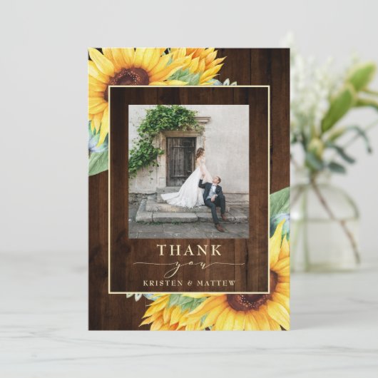 木水素朴色ひまわり結婚の写真 サンキューカード (スタンド正面)