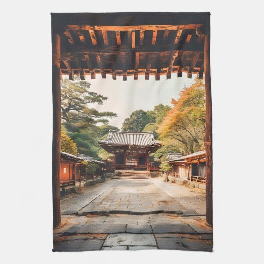 木漏れ日 - 日差しに包まれた寺院 キッチンタオル (縦)