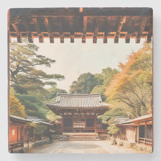 木漏れ日 - 陽光に輝く寺院 ストーンコースター (正面)