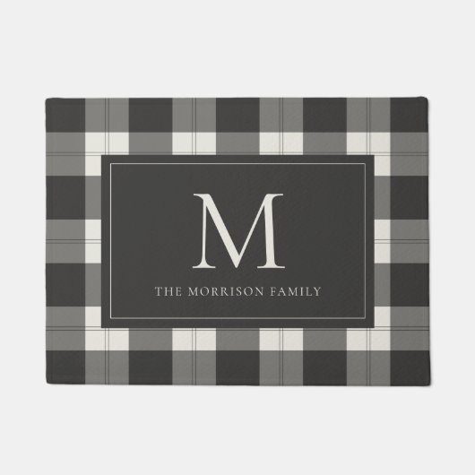 木炭とアイボリープレイドモノグラム&名前 ドアマット (正面)