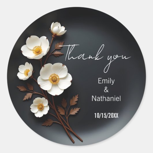 木炭とホワイトアネモネ結婚の感謝 ラウンドシール (正面)