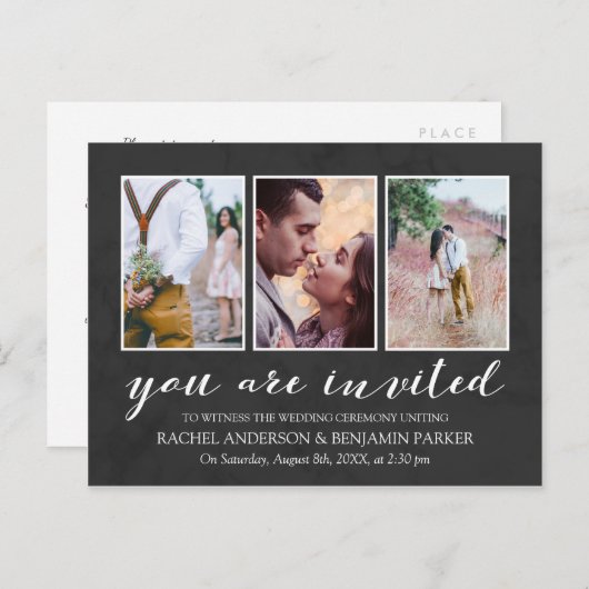 木炭とホワイトフォトコラージュ結婚式招待状 インビテーションポストカード (正面/裏面)