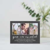 木炭とホワイトフォトコラージュ結婚式招待状 インビテーションポストカード (スタンド正面)