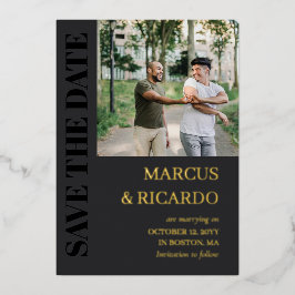 木炭と金ゴールドのタイポグラフィ写真の保存日付 箔招待状