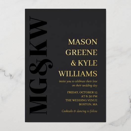 木炭と金ゴールドイニシャルタイポグラフィ2 結婚 in 1's 箔招待状 (正面)